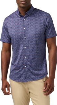 Mizzen+Main Halyard Trim Fit Navy Variegated Leaf Short Sleeve Performance Button-Up Shirt