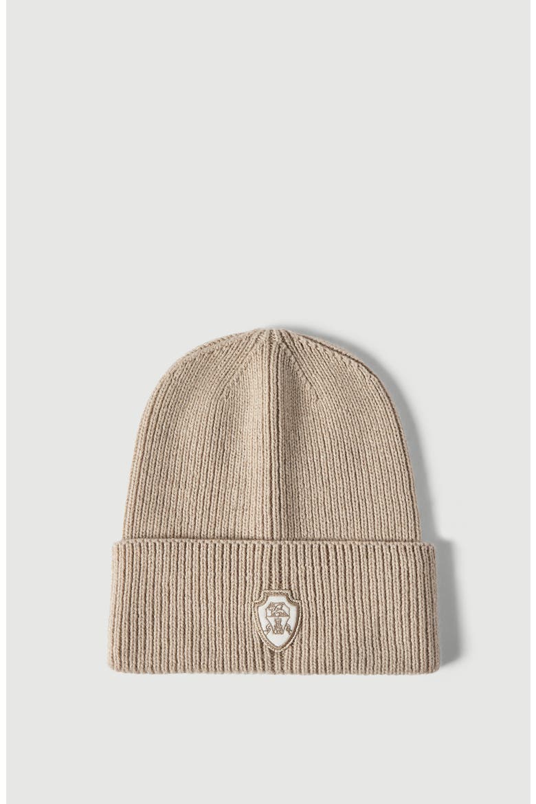 Cashmere English rib knit beanie with patch logo, Main, color, Sand