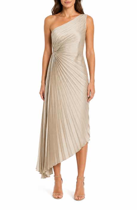 Pleated One-Shoulder Satin Cocktail Dress