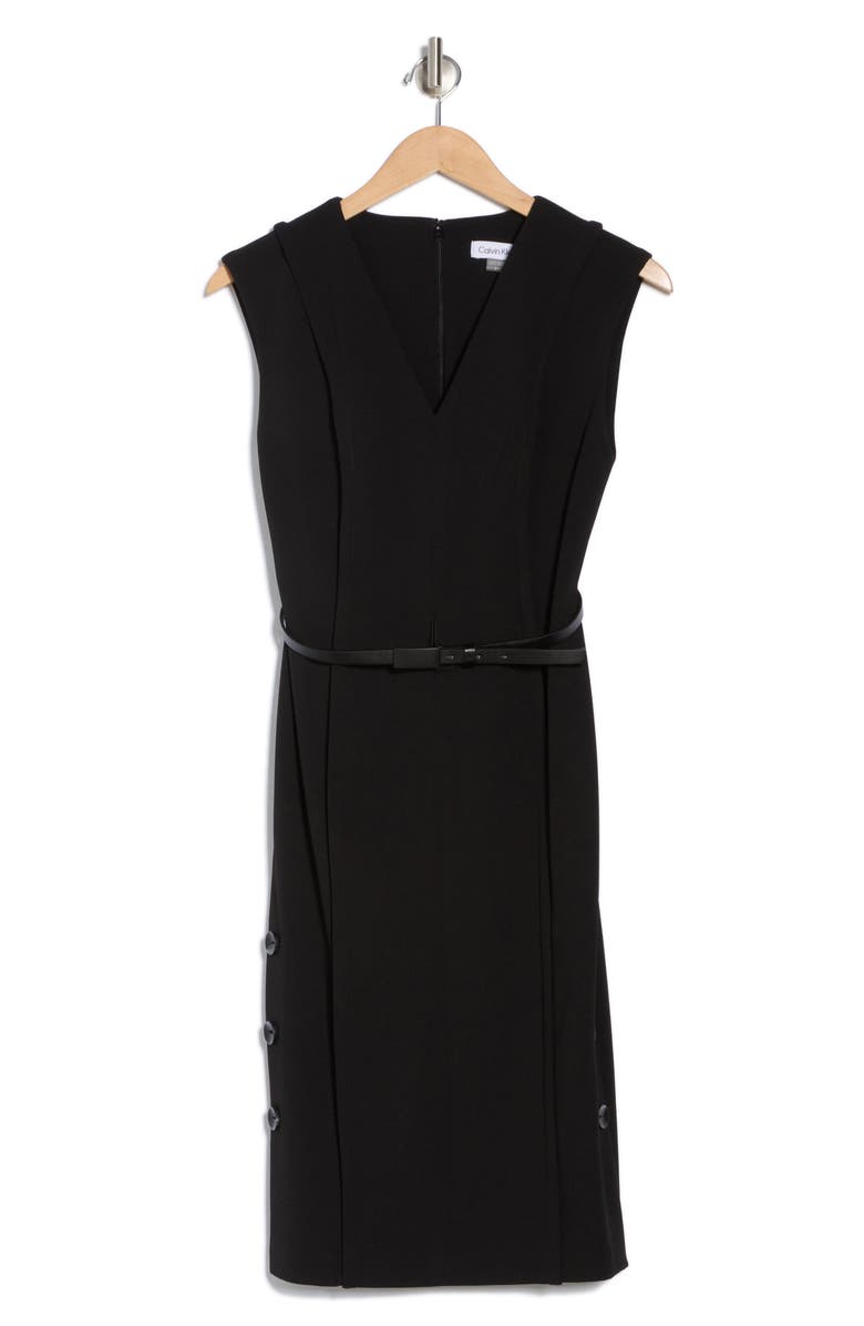 Calvin Klein Sleeveless Belted Side Button Crepe Sheath Dress, Alternate, color,