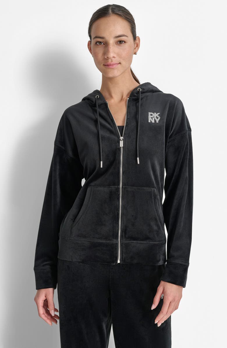 DKNY Platinum Velour Stacked Logo Zip Hoodie, Alternate, color, 