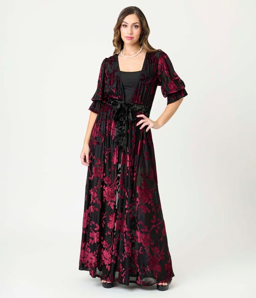 Unique Vintage Plus Size Floral Velvet Burnout Duster In Black