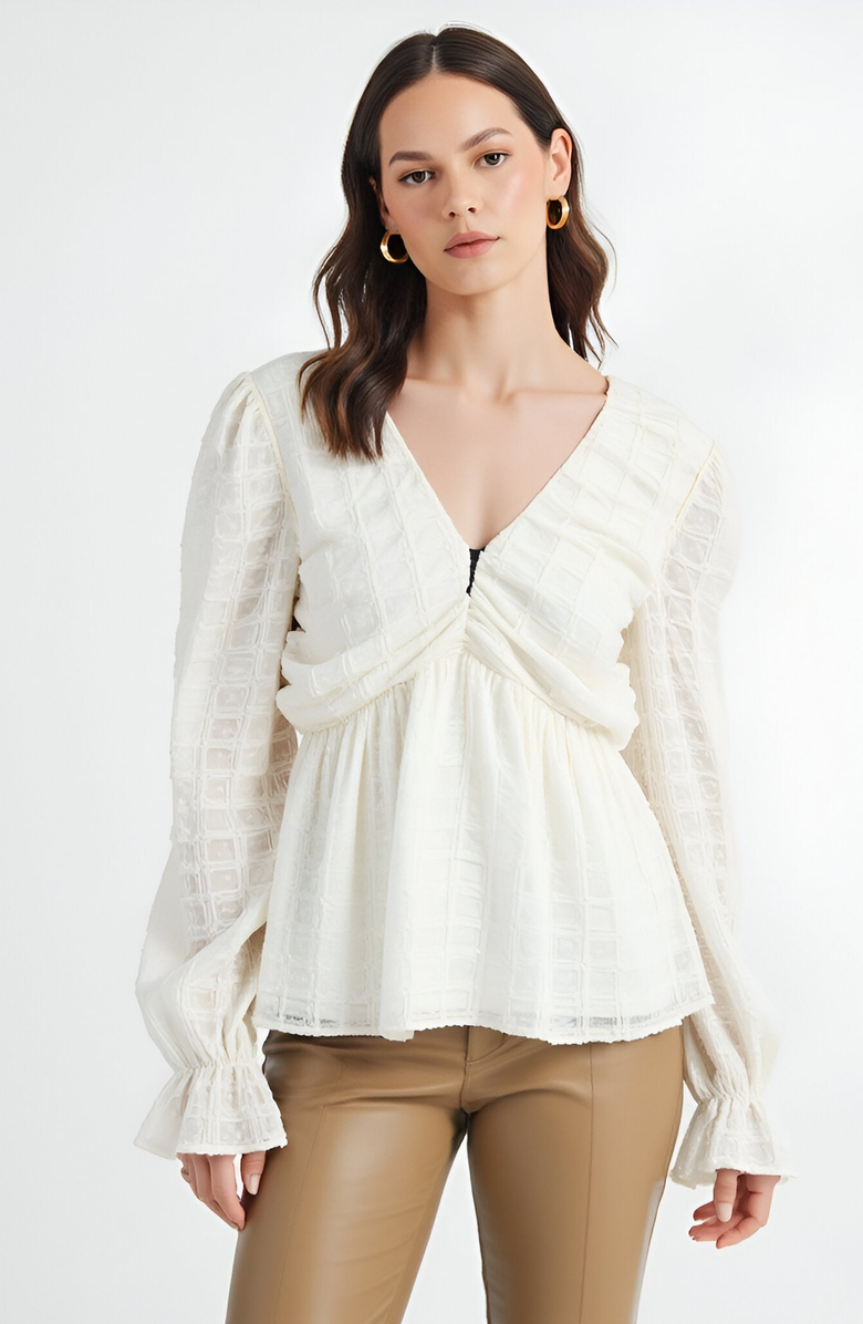 Modenaire Textured Long Sleeve Blouse with Peplum Hem and Back Bow Tie, Main, color, Ivory