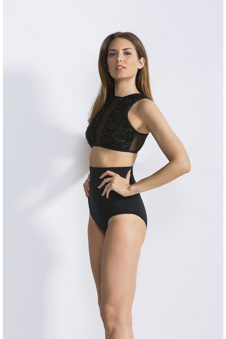 Textured Shimmer-Front High-Neck Bikini Set, Alternate, color, Black