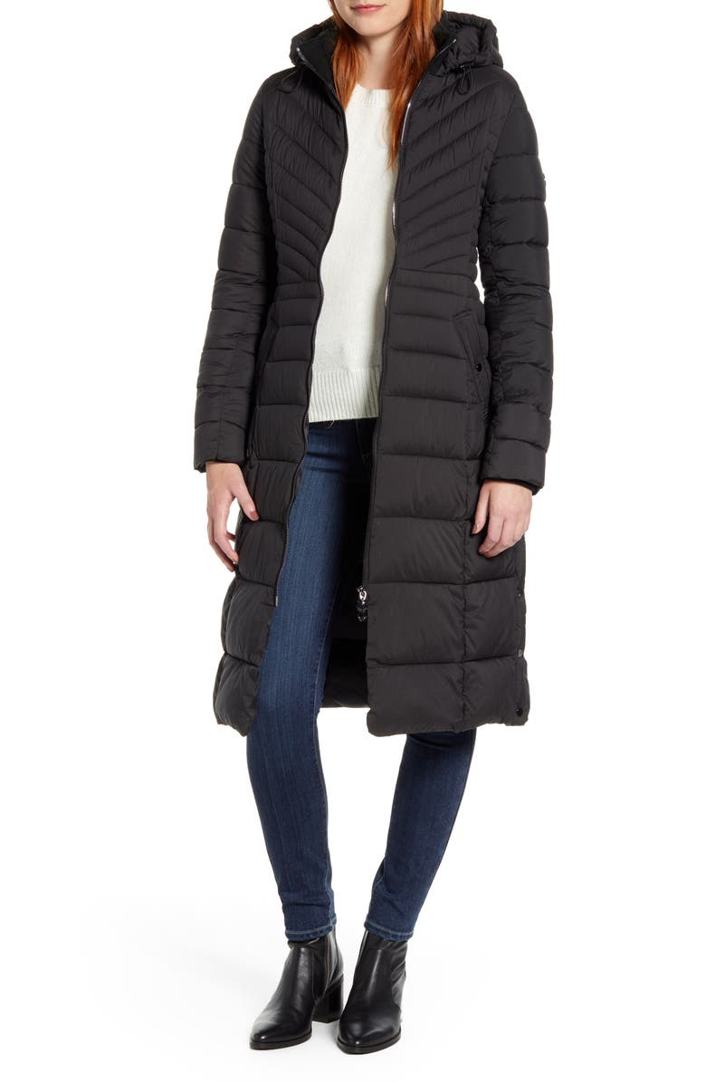 Bernardo Hooded Long Quilted Coat, Main, color, 