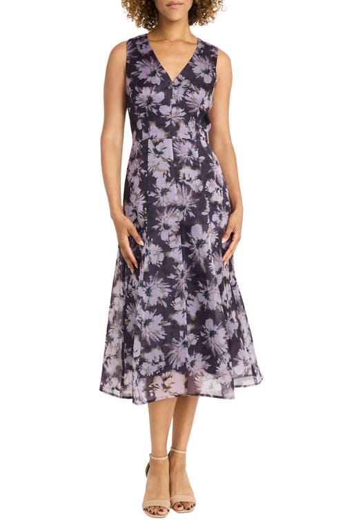 Maggy London Floral Organza Midi Dress in Black/Gentle Lavender 