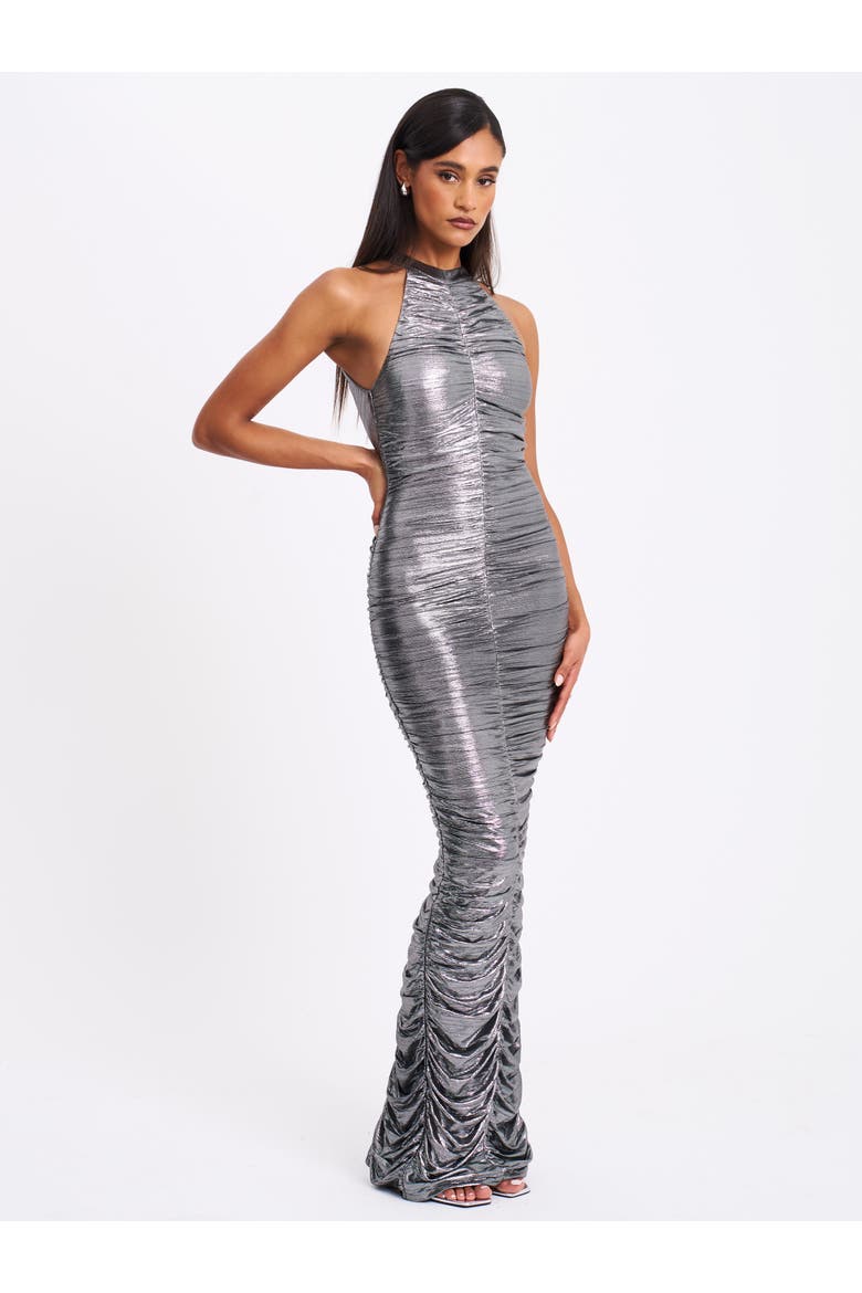 Abril Ruched Glitter Backless Gown, Alternate, color, Silver