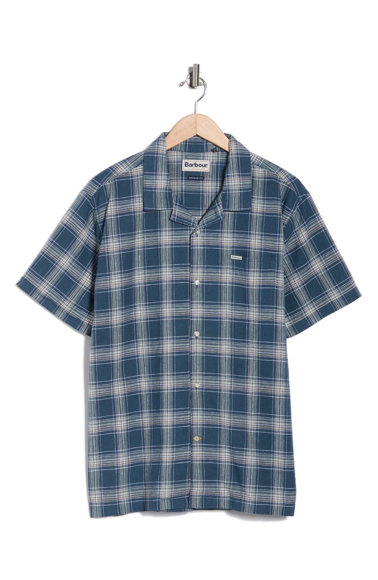 Barbour Fairlands Regular Fit Plaid Short Sleeve Linen & Cotton Button-Up Shirt, Main, color, Dusk Blue