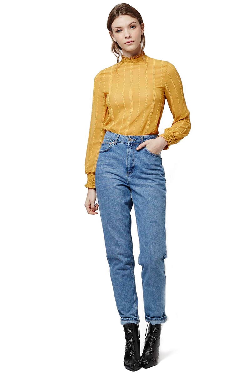 Topshop Smocked Trim Long Sleeve Top, Alternate, color, Mustard