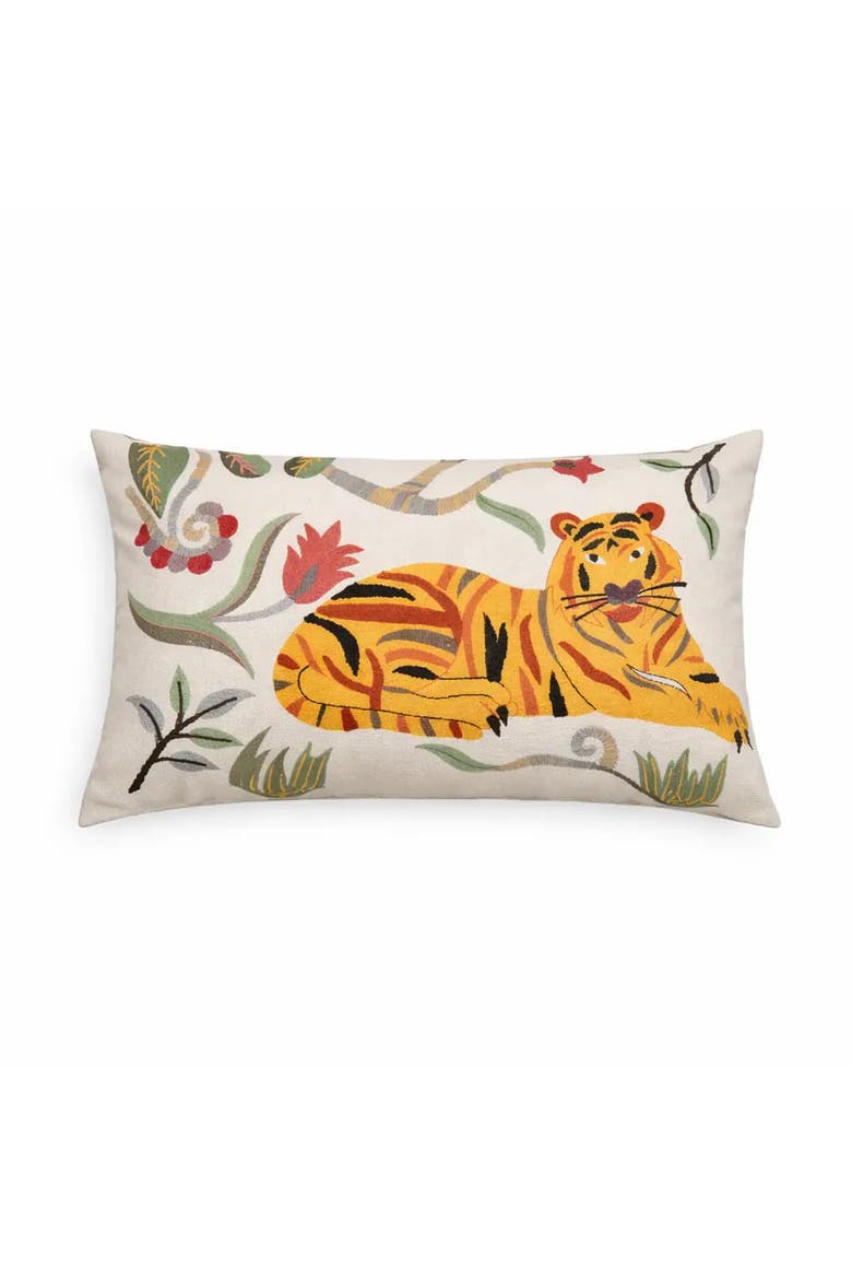 Floral Safari Tiger Pillow | Cotton Fabric, Main, color, White