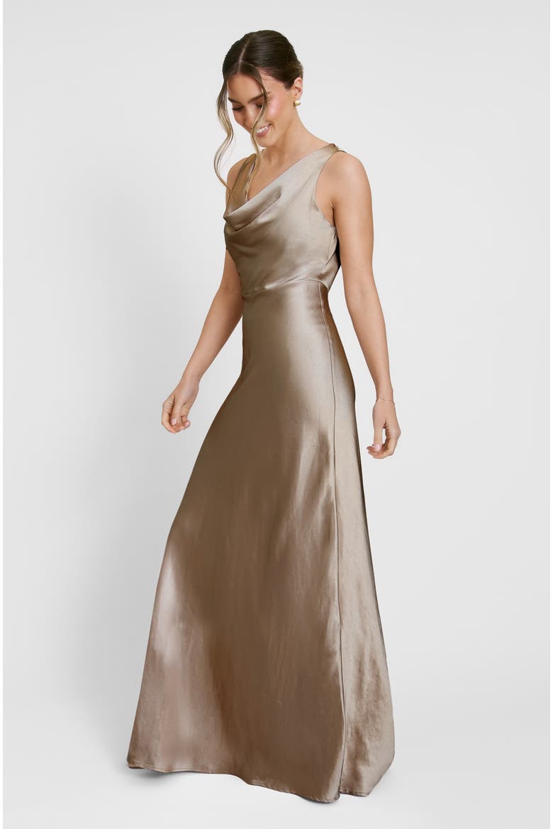 Cowl Front Satin Bridesmaid Dress, Alternate, color, Truffle