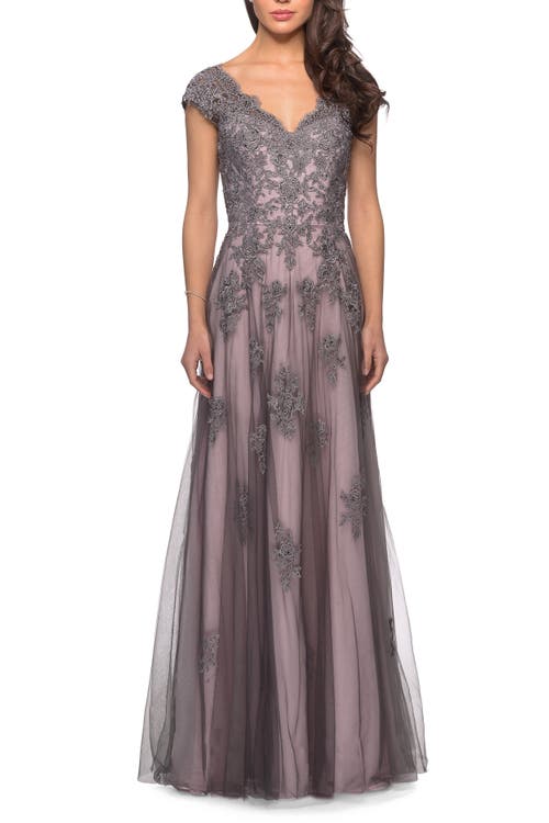 La Femme Tulle Evening Gown With Embroidery And Cap Sleeves In Pink/gray