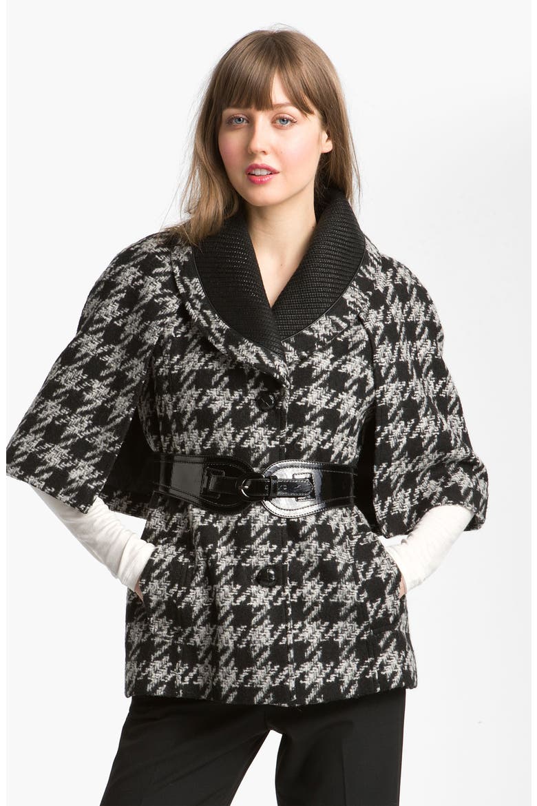 Belted Houndstooth Check Capelet, Main, color, BLACK/ WHITE