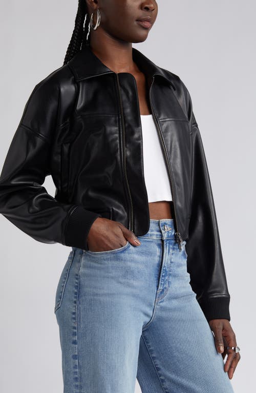 Open Edit Faux Leather Crop Bomber Jacket In Black