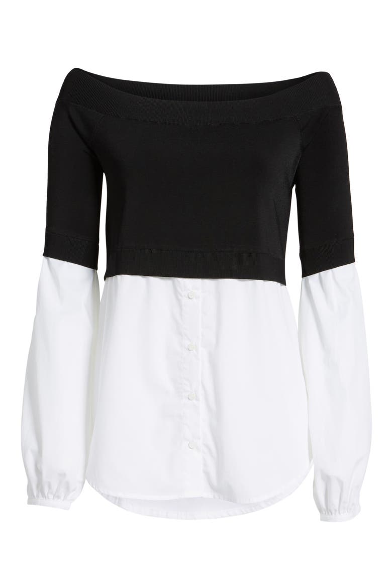 Off the Shoulder Poplin Sweater, Alternate, color, BLACK- WHITE COMBO