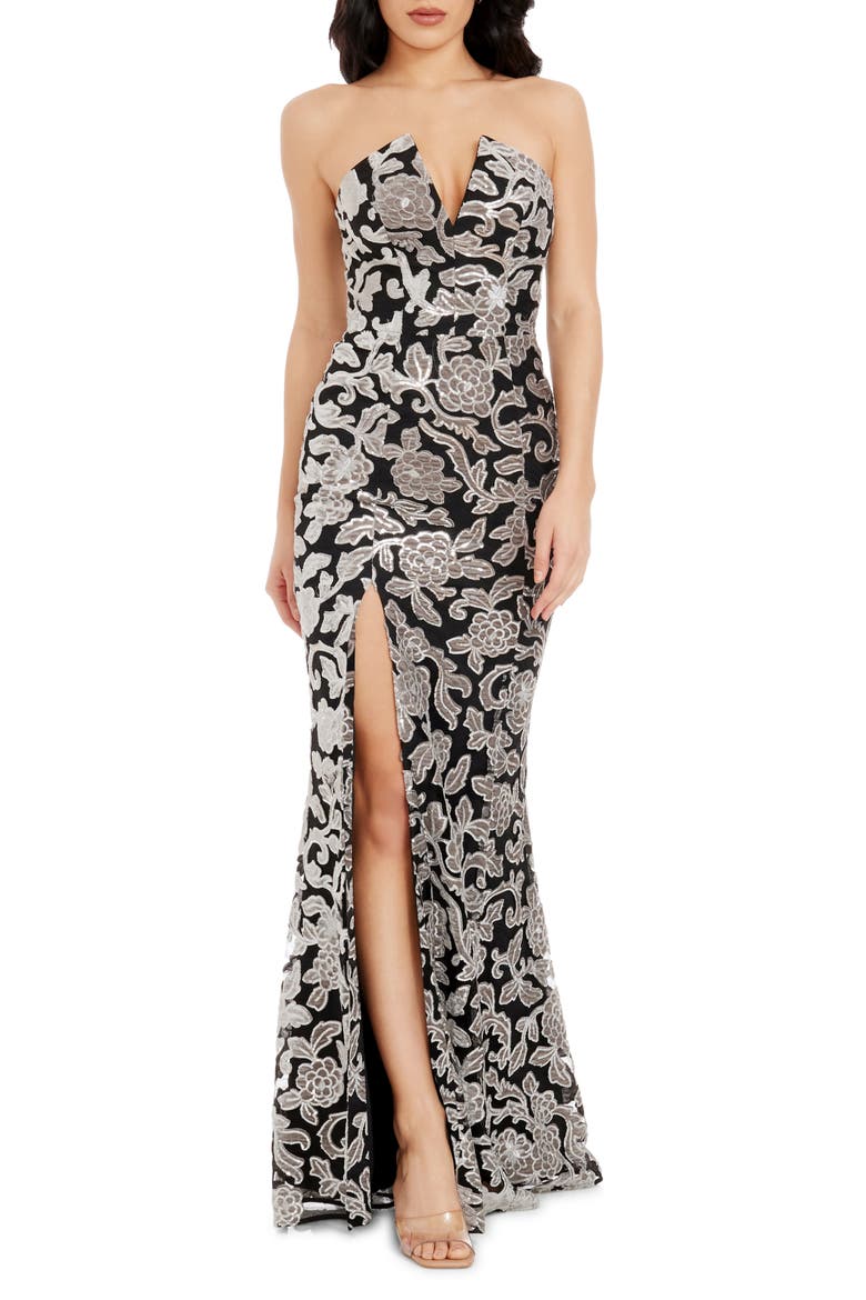 Fernanda Floral Sequin Strapless Evening Gown, Main, color, DOVE-BLACK