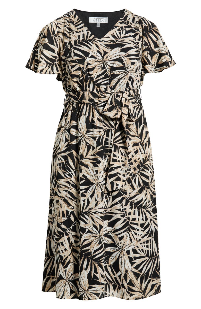 KASPER Leaf Print Flutter Sleeve Dress, Main, color, Black Multi