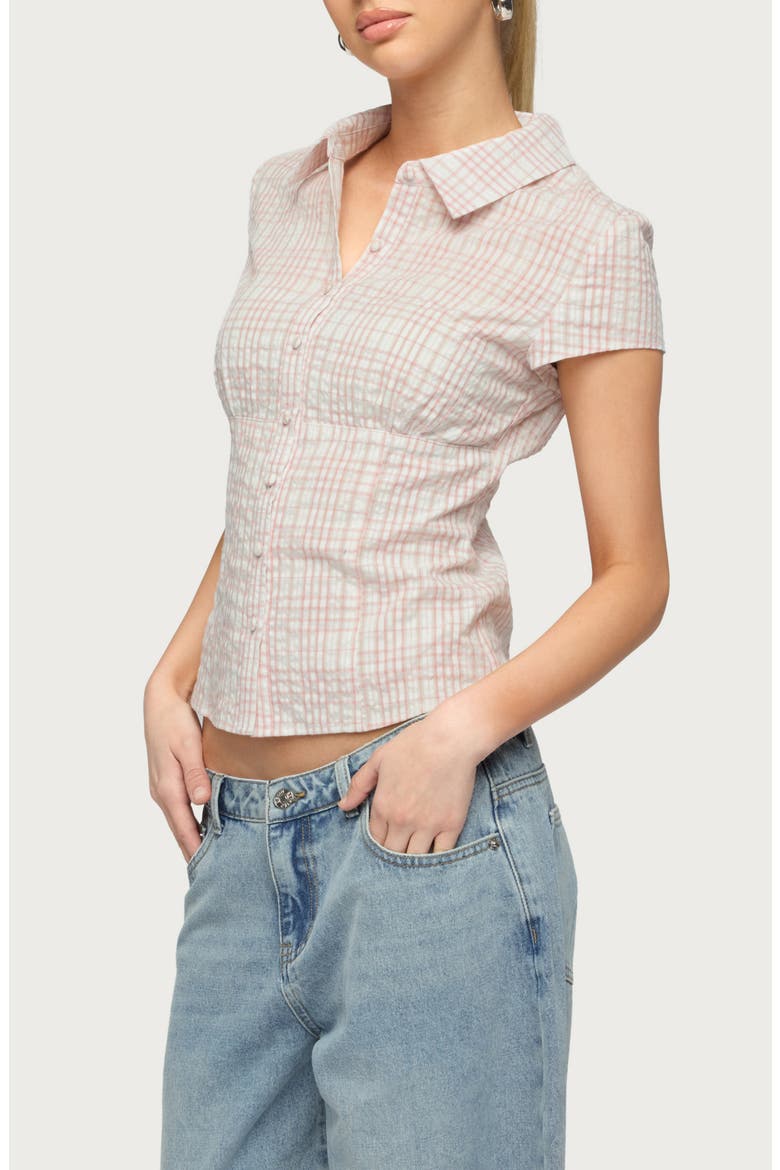 Naiah Plaid Short Sleeve Tailored Button-Up Shirt, Alternate, color, PINK-AND-WHITE