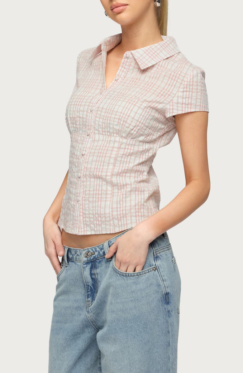 EDIKTED Naiah Plaid Short Sleeve Tailored Button-Up Shirt, Alternate, color, Pink-And-White