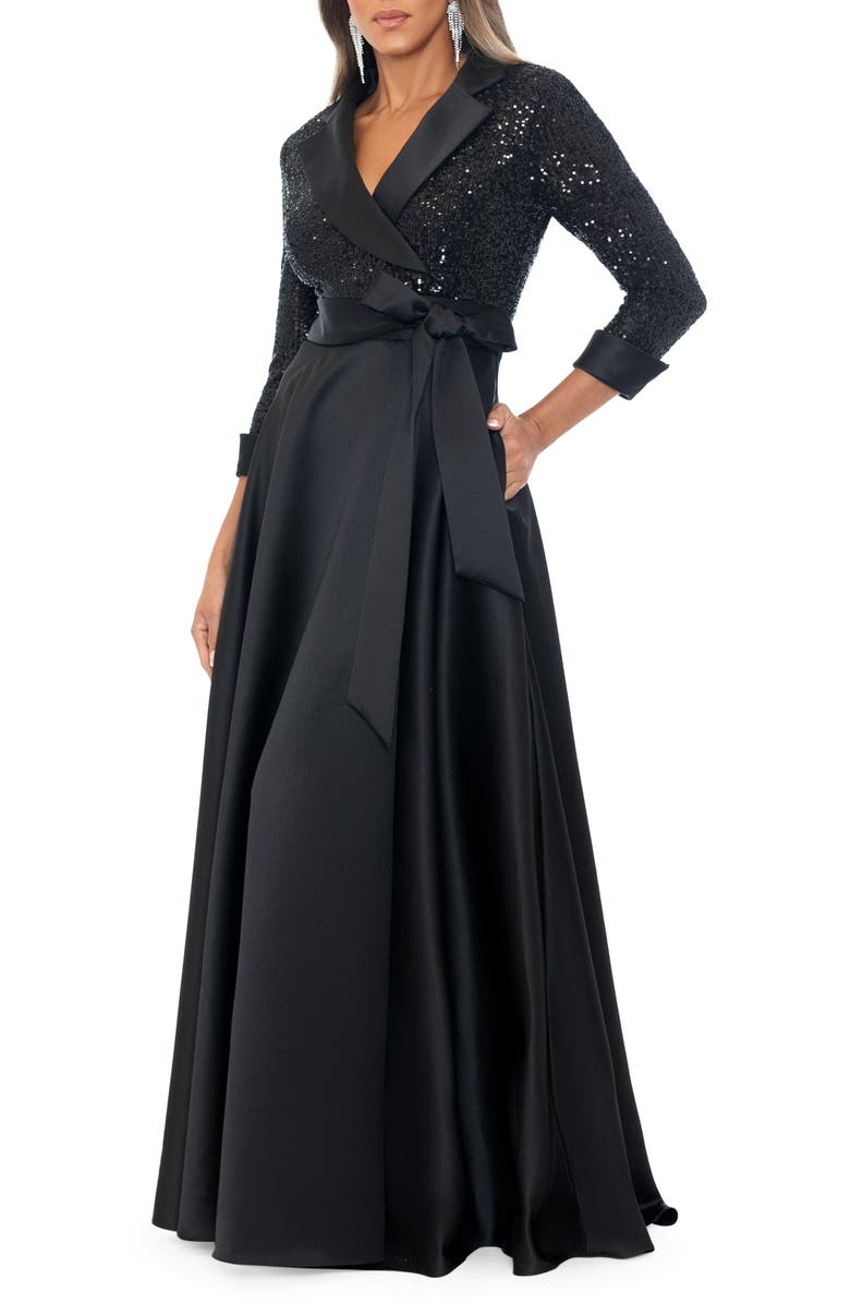 Xscape Evenings Sequin Long Sleeve Tux Ballgown, Alternate, color, Black