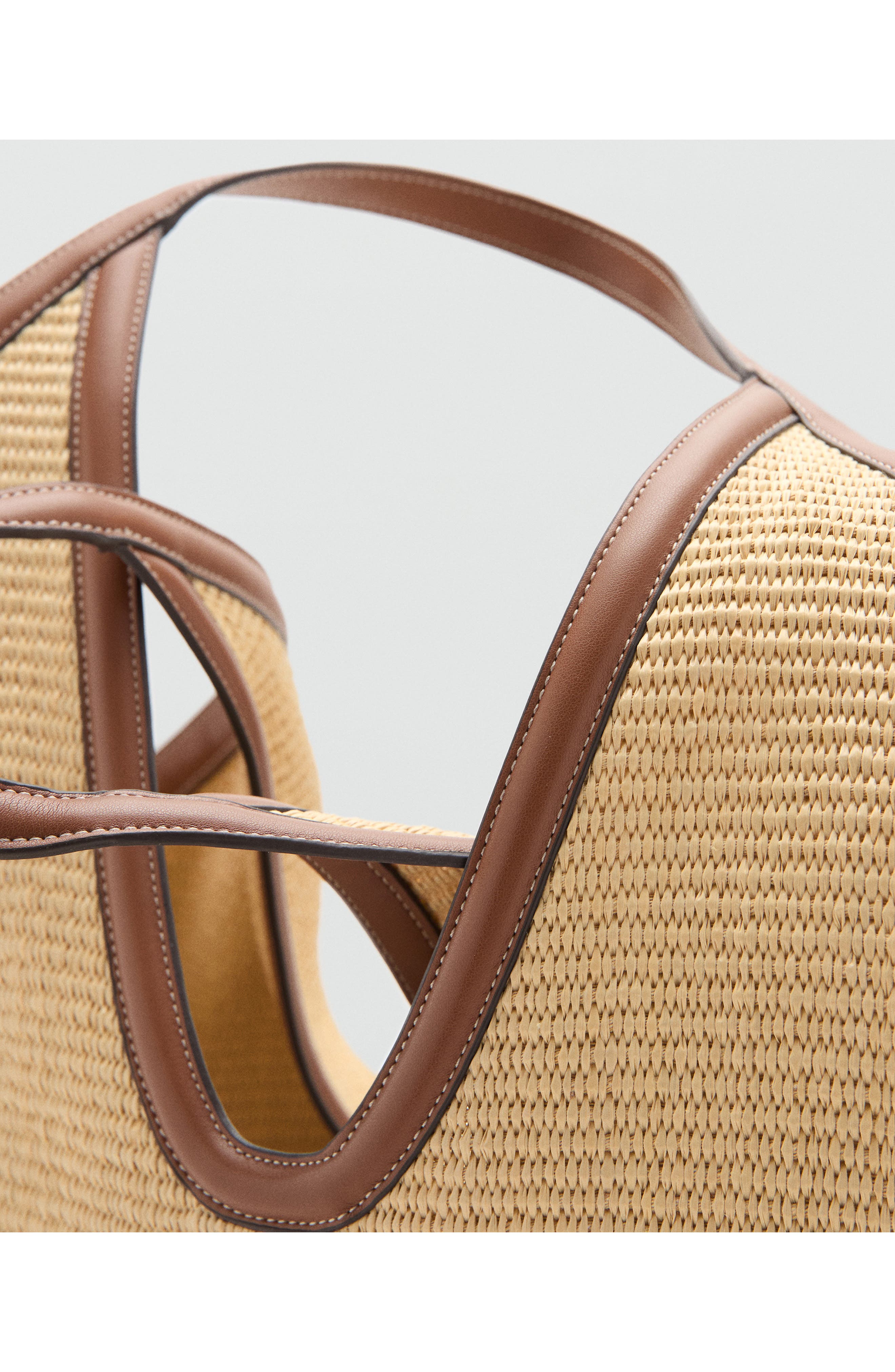Faux Leather Trim Woven Shopper Bag, Alternate, color, LEATHER