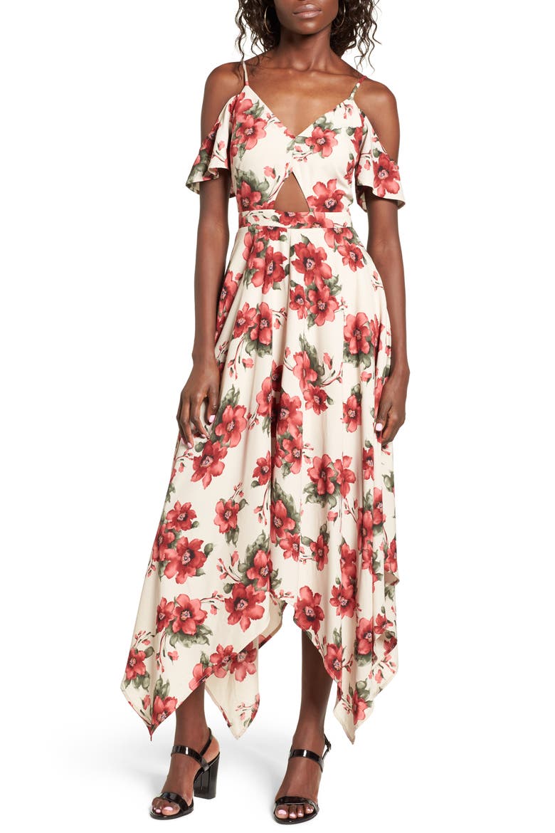 Cold Shoulder Midi Dress, Main, color, RED FLORAL