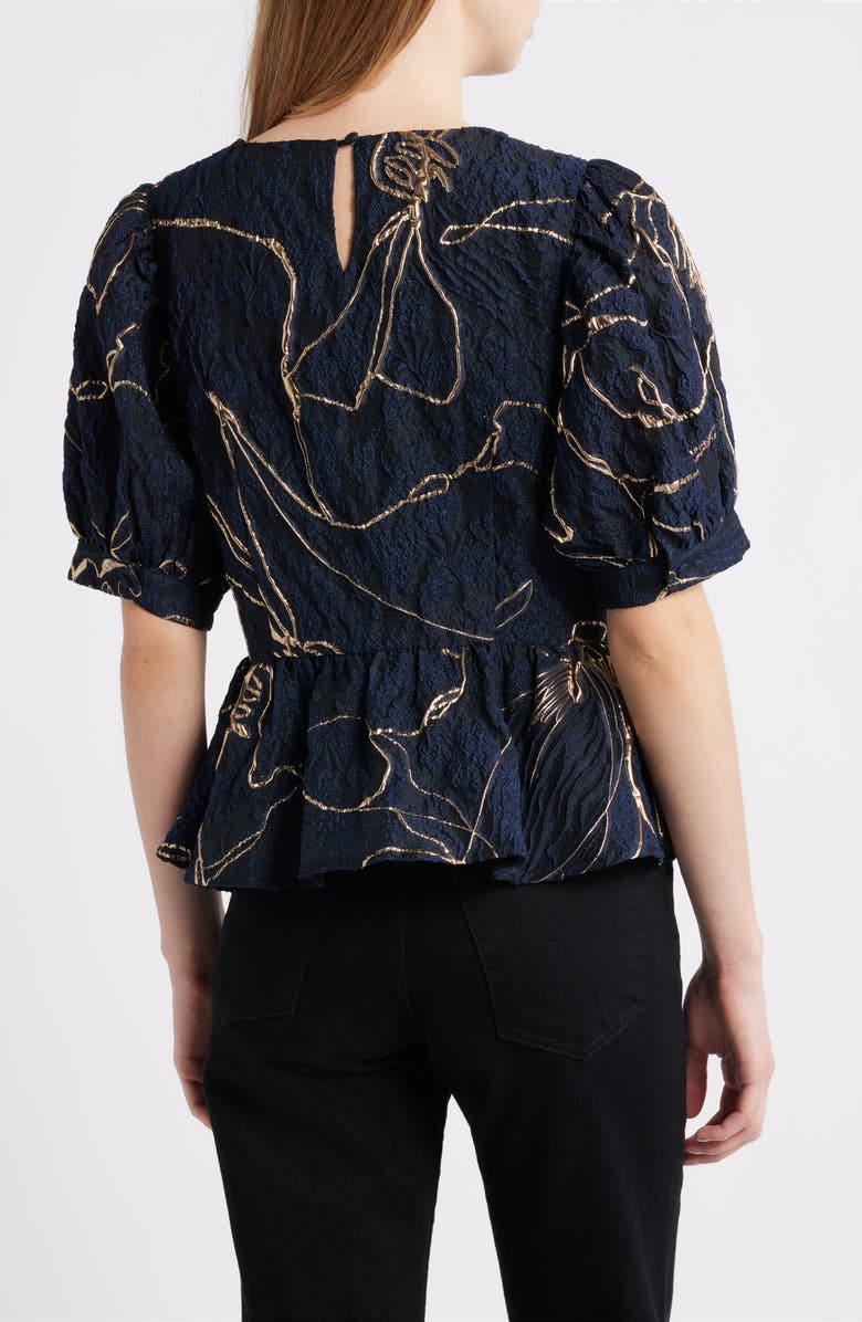 CIEBON Tonje Metallic Puff Sleeve Peplum Top, Alternate, color, Navy/ Gold