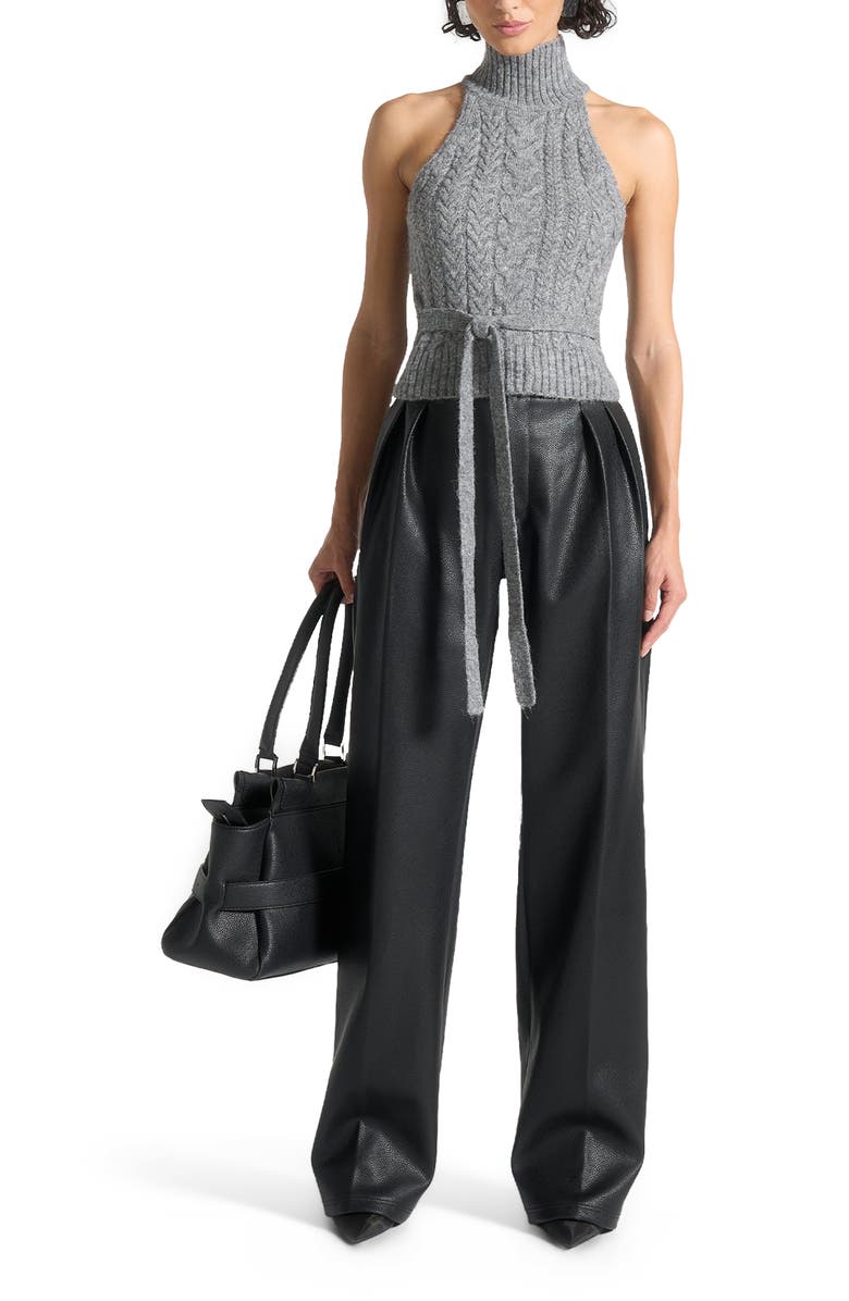 Manière De Voir Olivia Pebbled Leather Pleated Stacked Trousers, Alternate, color, Black