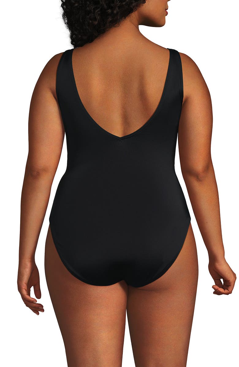 Lands' End Plus Size Tugless V-Neck High Leg One Piece Swimsuit, Alternate, color, Black