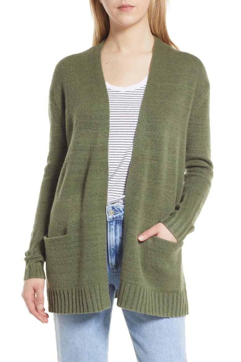 Collarless Open Front Long Cardigan, Main, color, GREEN SORREL