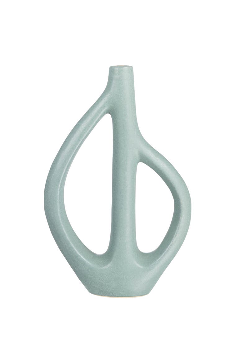 Stoneware Sculptural Vase with Teardrop Handles, Matte Green, Alternate, color, Blue