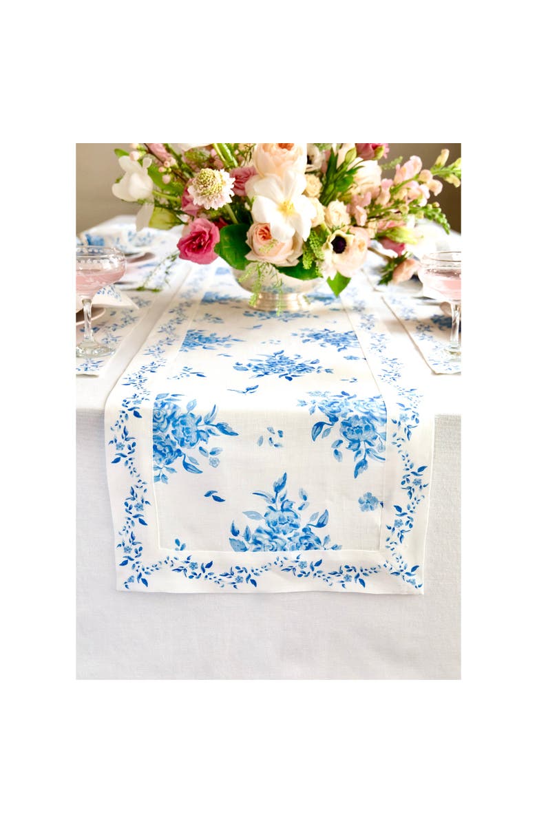 Solino Home Linen Table Runner for Dining Table, Holiday and Everyday Table Decor - Jolie Fleur, Main, color, Blue Floral