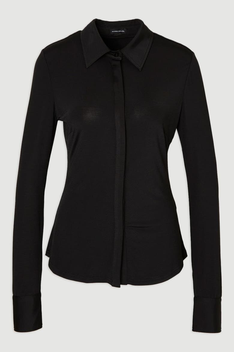 Petite Drapey Crepe Slim Collared Shirt, Alternate, color, Black