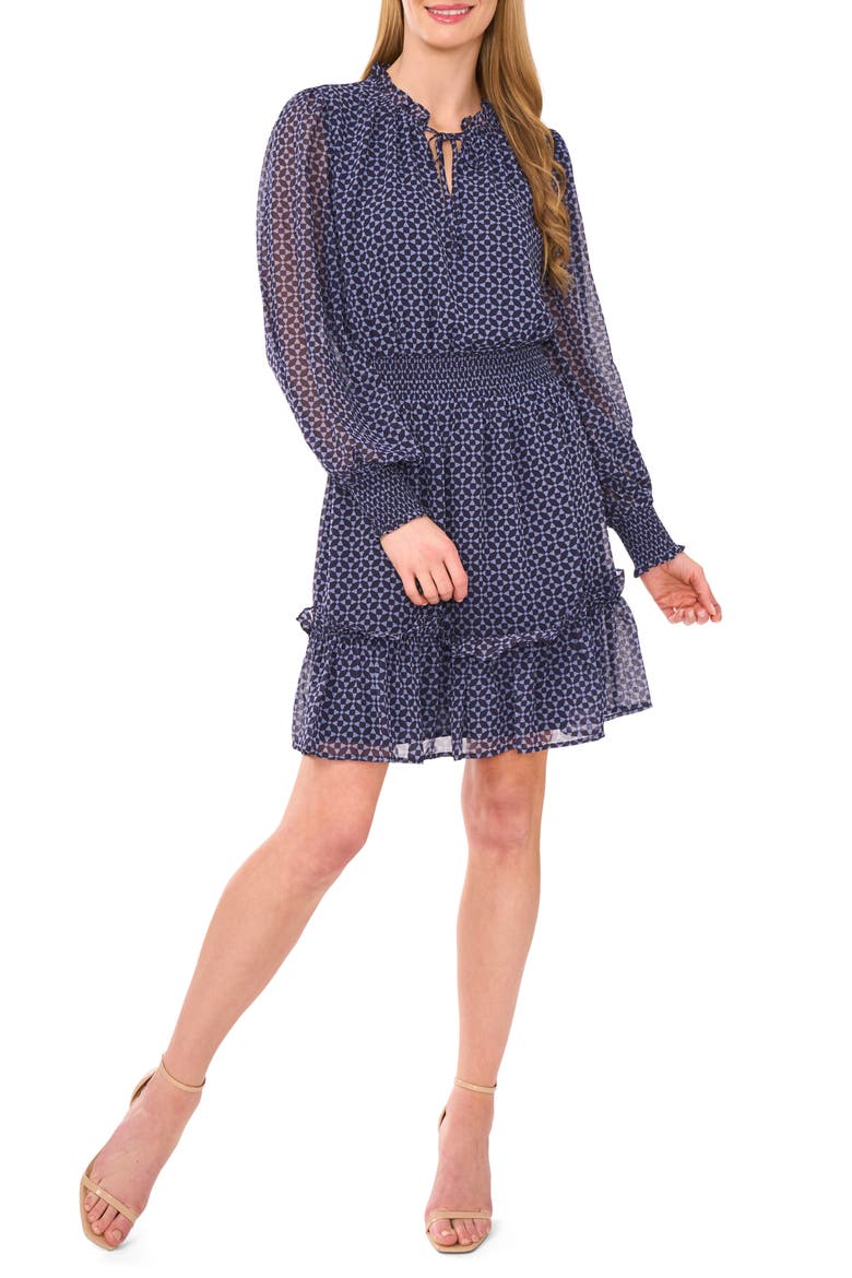 Geo Print Smocked Waist Long Sleeve Dress, Main, color, NIGHT HORIZON