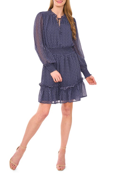 Geo Print Smocked Waist Long Sleeve Dress