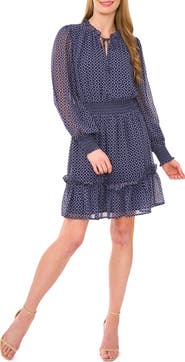 CeCe Geo Print Smocked Waist Long Sleeve Dress