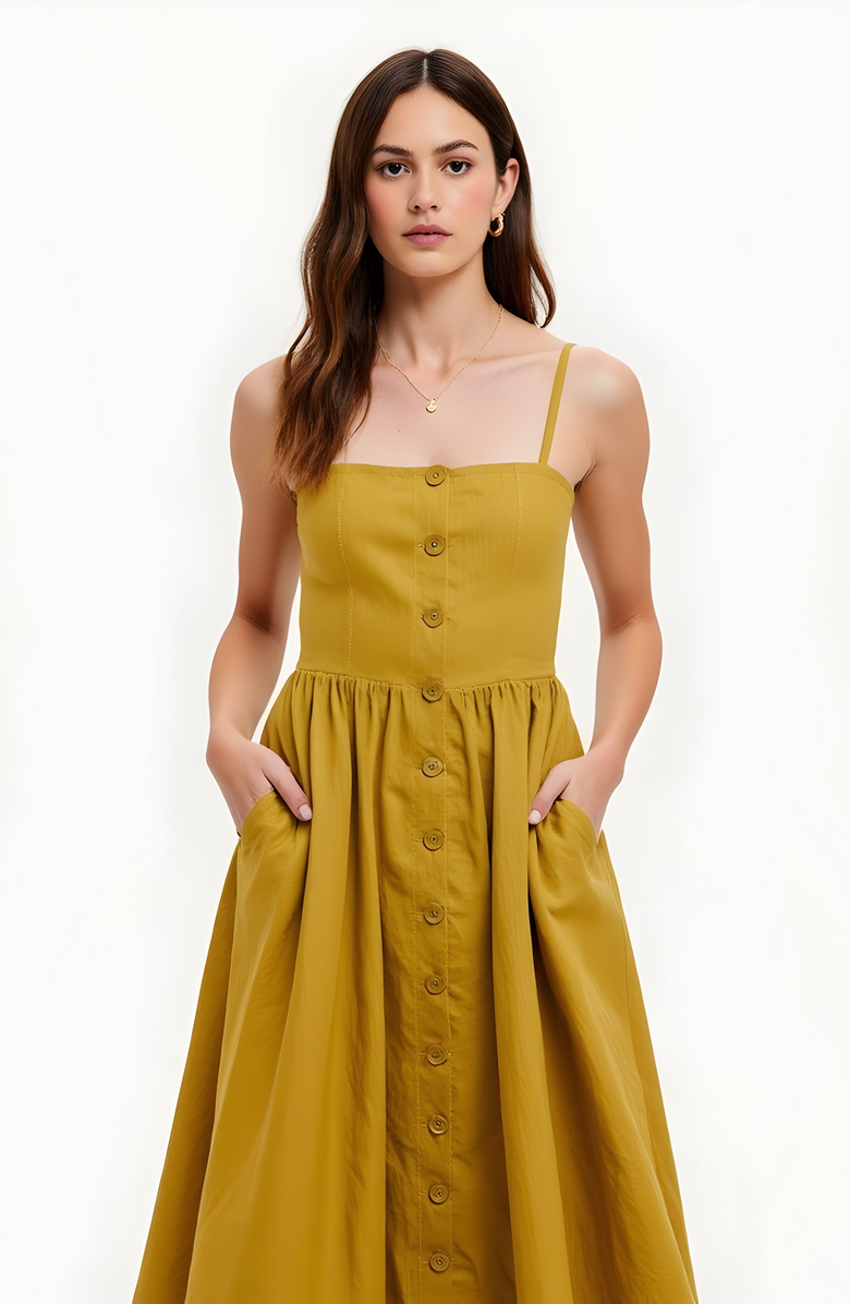 Modenaire Button Front Midi Dress with Spaghetti Straps and Side Pockets, Alternate, color, 