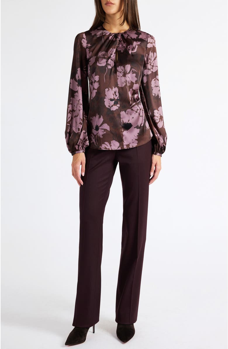 Santorelli Elena Long Sleeve Twist Neck Blouse in Floral Twill Crepe, Alternate, color, Raisin