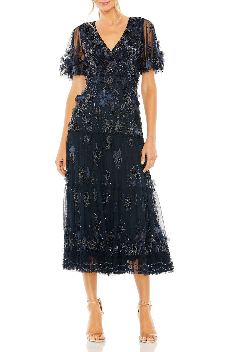 Mac Duggal Women's Floral Appliqué Embellished Flutter Sleeve Midi Dress, Main, color, Midnight