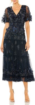 Mac Duggal Women's Floral Appliqué Embellished Flutter Sleeve Midi Dress