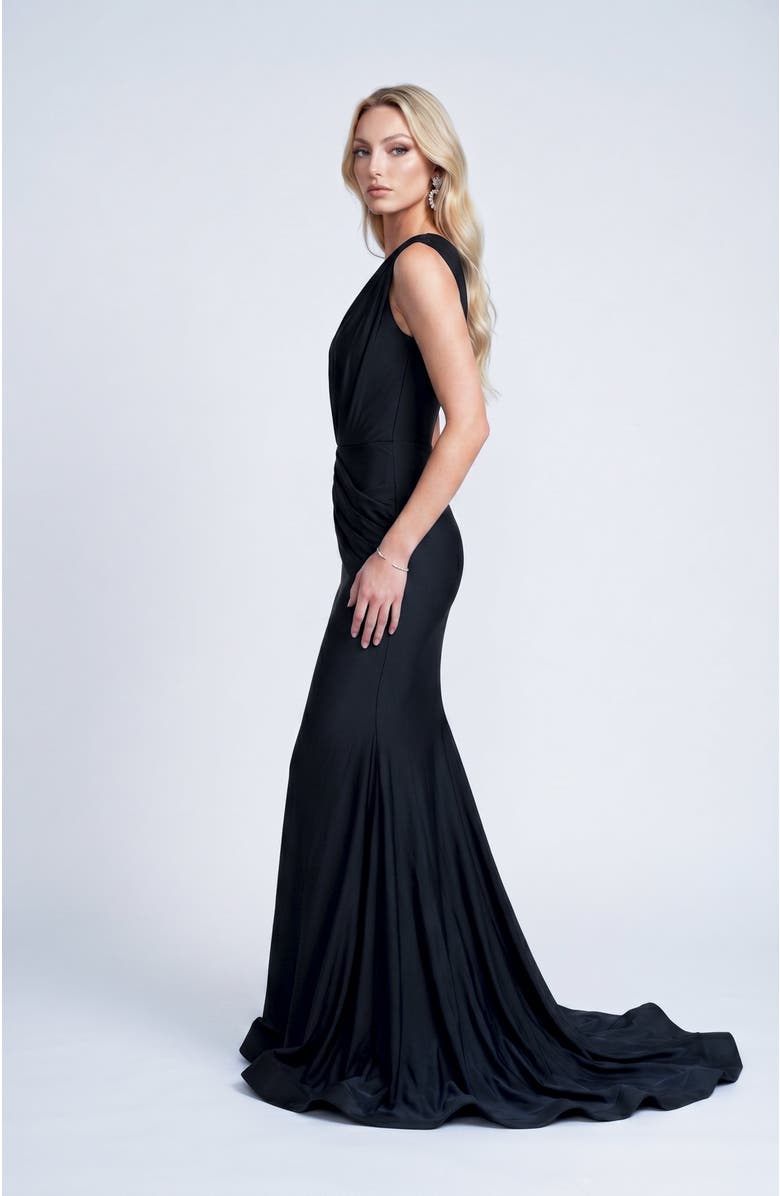 Jessica Angel Ruched Plunge Pleated Sleeveless Mermaid Gown, Alternate, color, Black