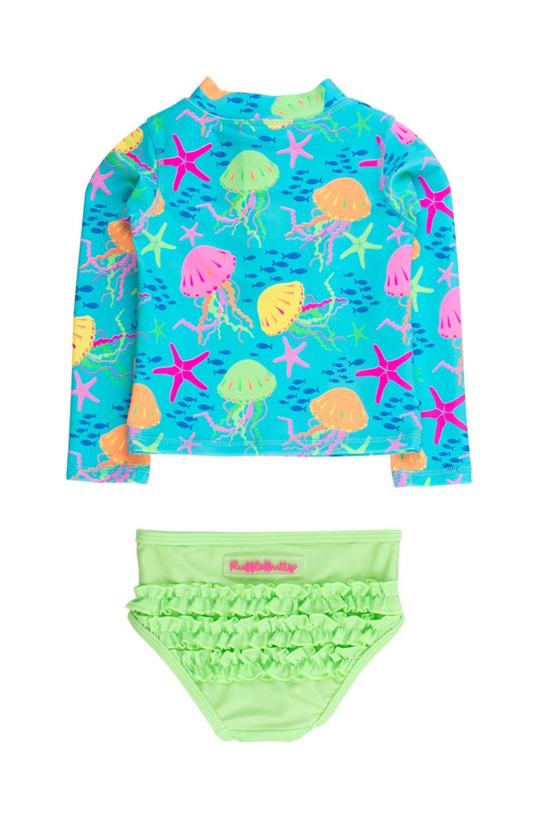 RuffleButts Toddler Girls UPF50+ Long Sleeve Zipper Rash Guard 2-Piece, Alternate, color, Neon Jelly Time