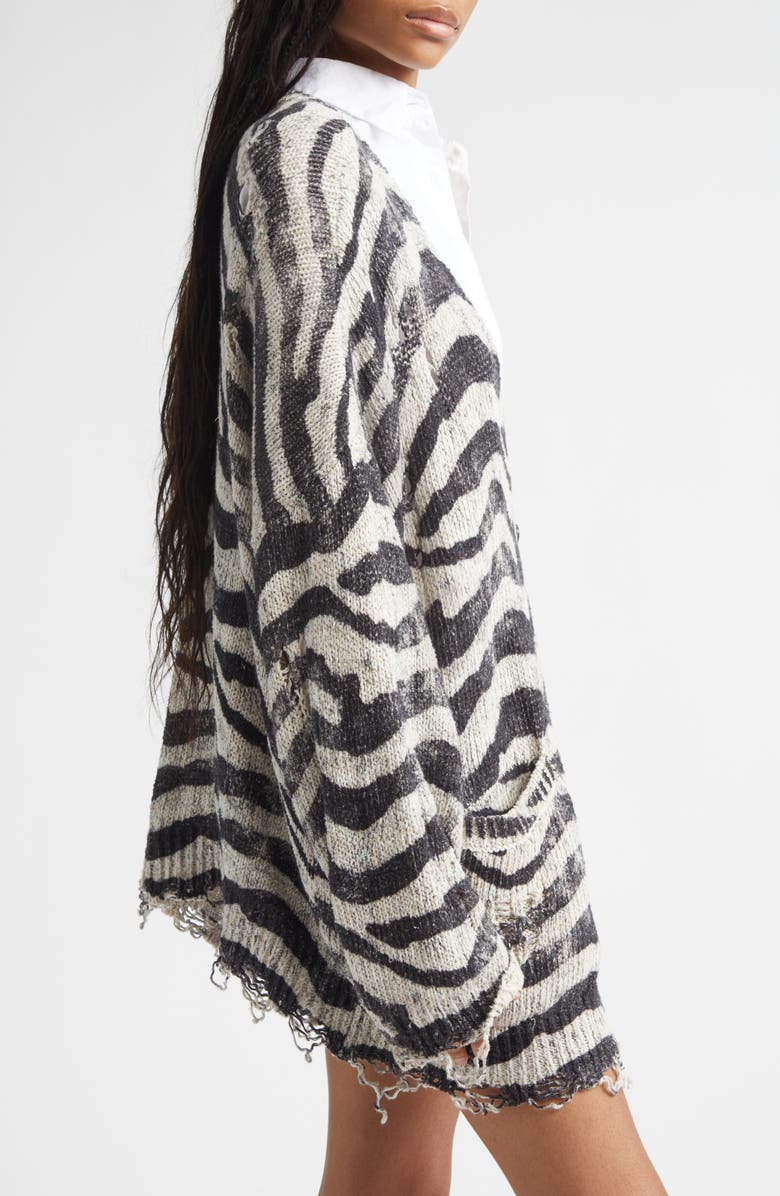 R13 Oversize Distressed Zebra Print Linen Blend Cardigan, Alternate, color, Black And White Zebra