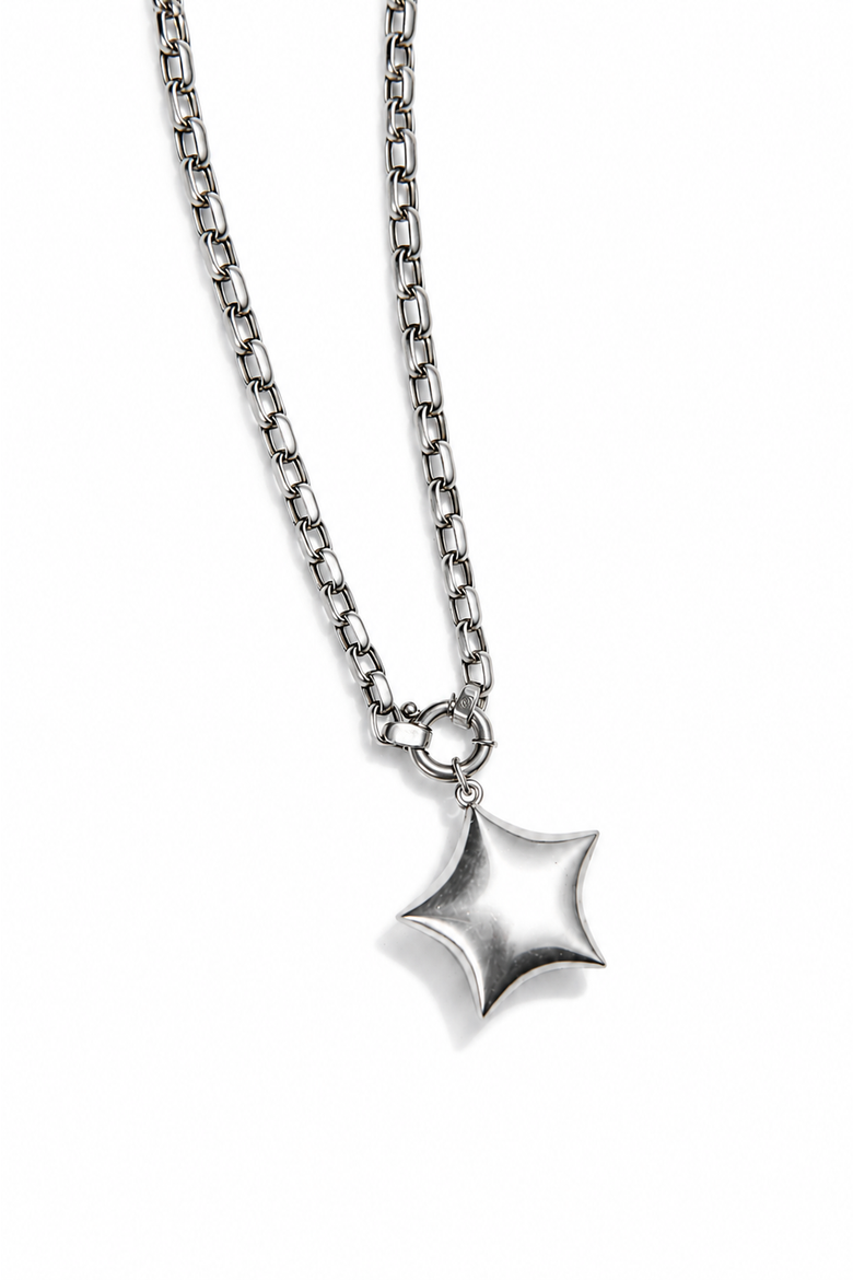 Puffed Star Paperclip Necklace, Alternate, color, Silver