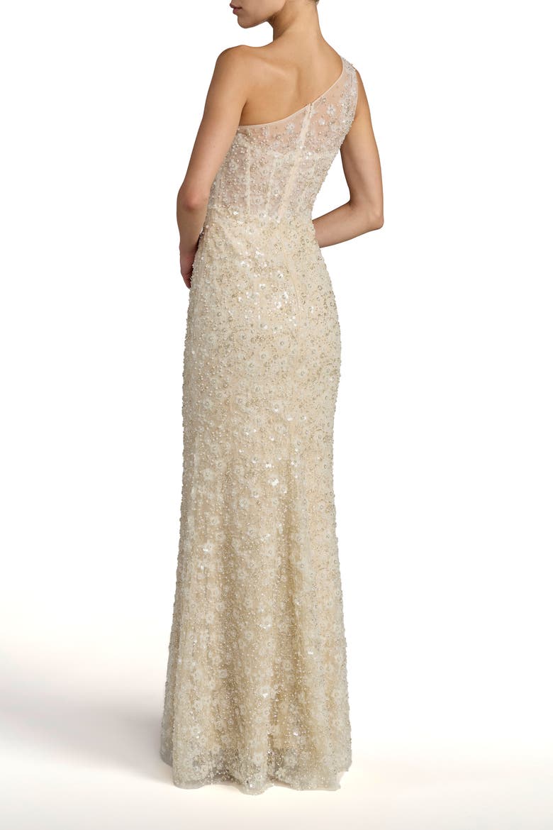 Sequin Floral Sheer One Shoulder A Line Gown, Alternate, color, Oyster Nude