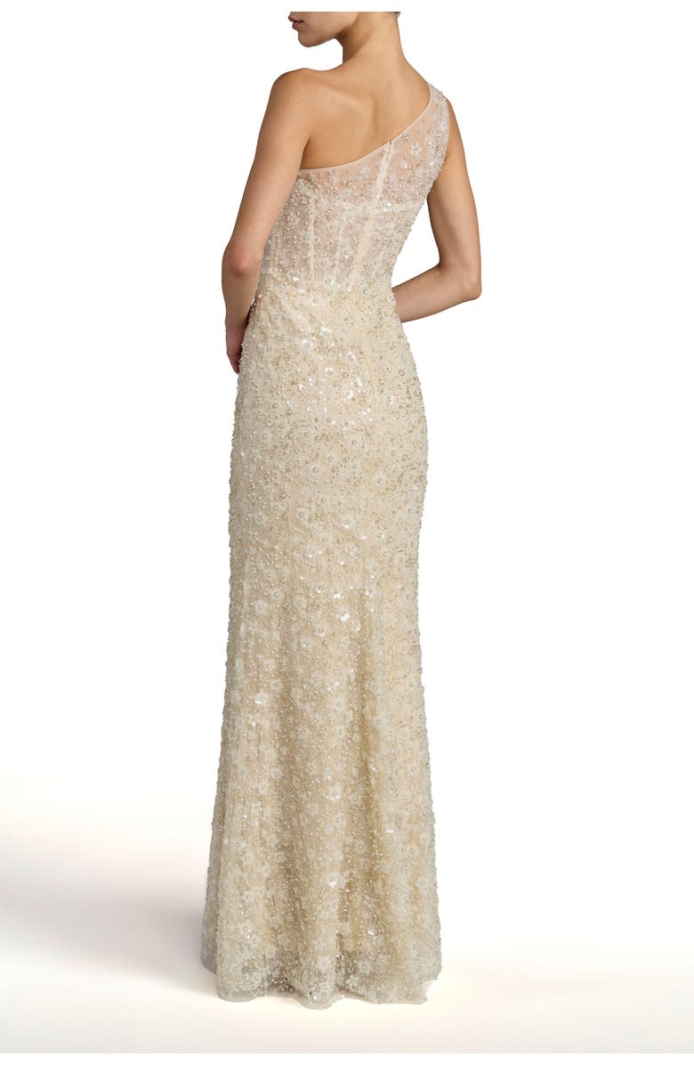 Mac Duggal Sequin Floral Sheer One Shoulder A Line Gown, Alternate, color, Oyster Nude
