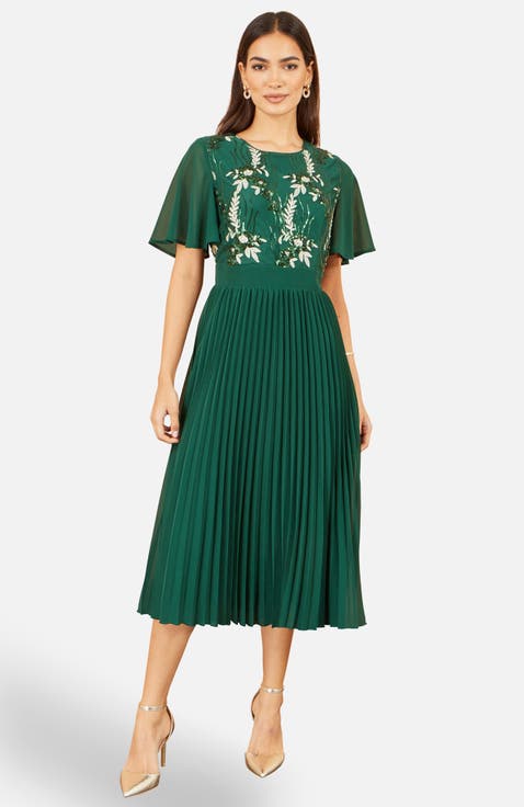 Sequin Embroidered Pleated Midi Dress