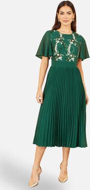 Yumi Sequin Embroidered Pleated Midi Dress