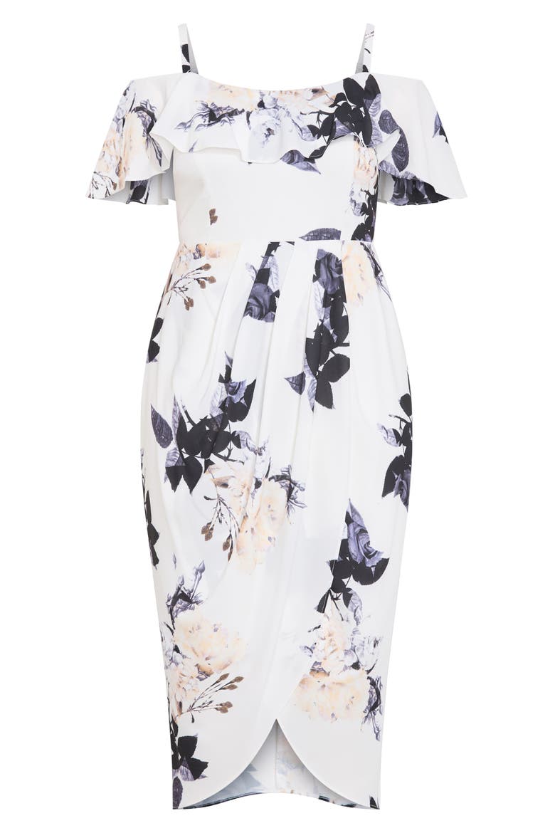 Floral Drape Cold Shoulder Midi Dress, Alternate, color, CREAM FLORAL