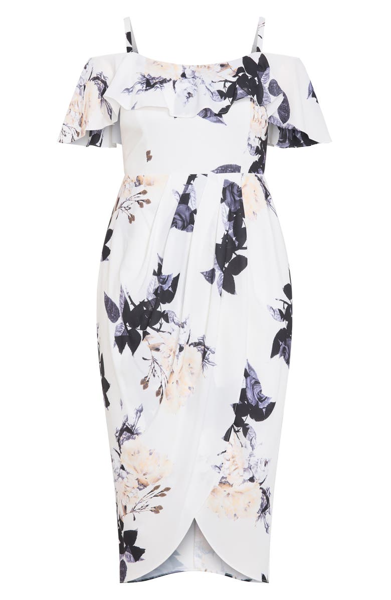 City Chic Floral Drape Cold Shoulder Midi Dress, Alternate, color, Cream Floral